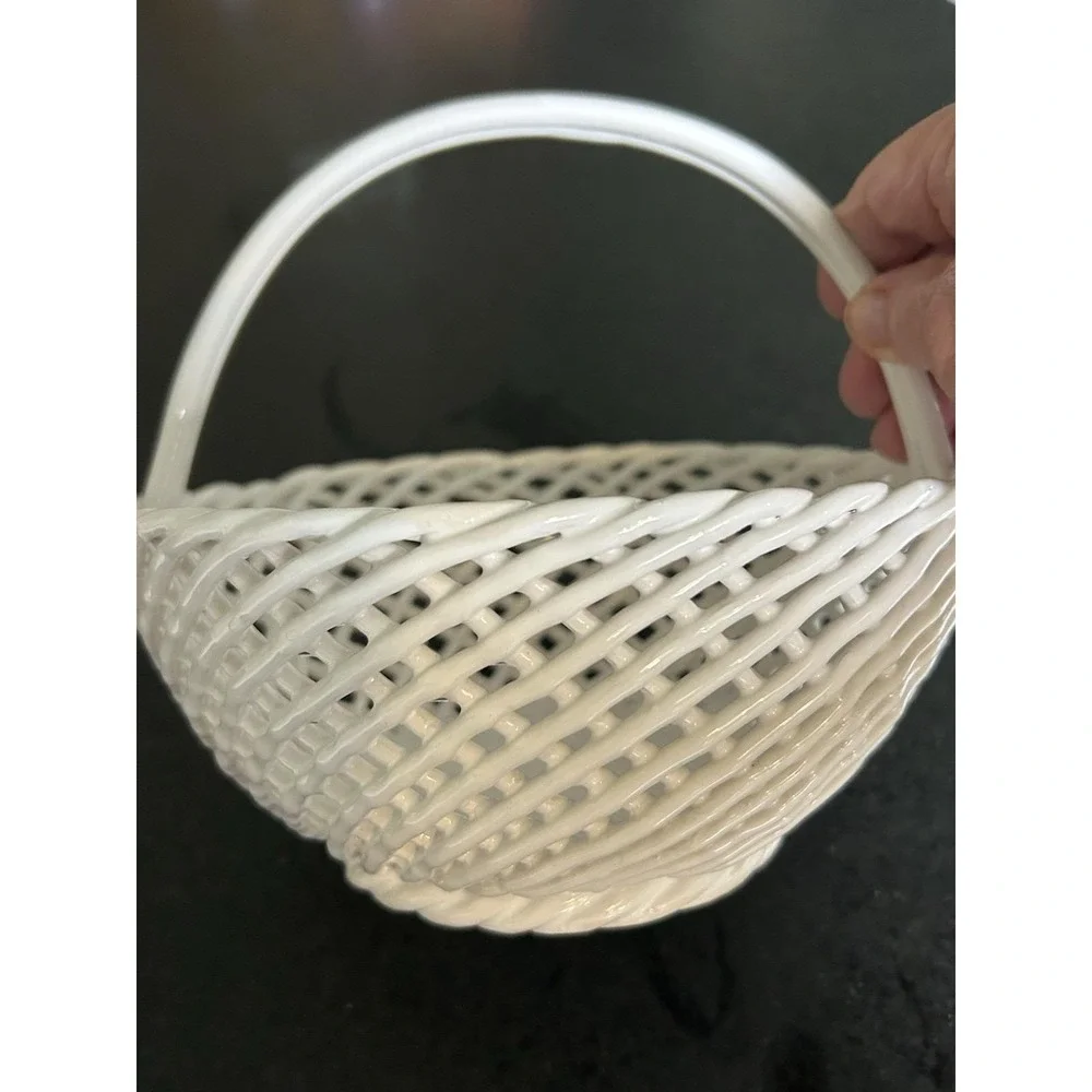 Vintage Portuguese white ceramic lattice basket